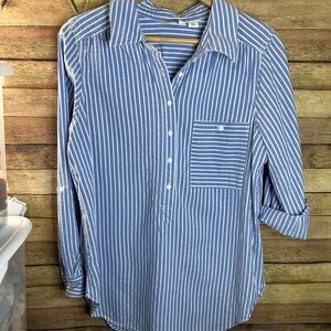 Blue/White Striped Tunic Adjustable Sleeves Button Up Size Medium
